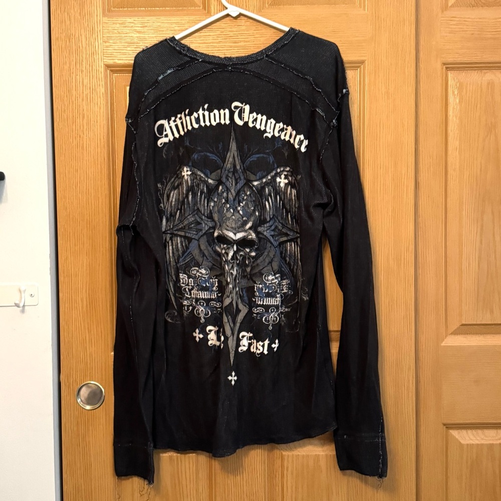 Affliction Reversible Biker Men's Skull Graphic Y2k Thermal Long Sleeve